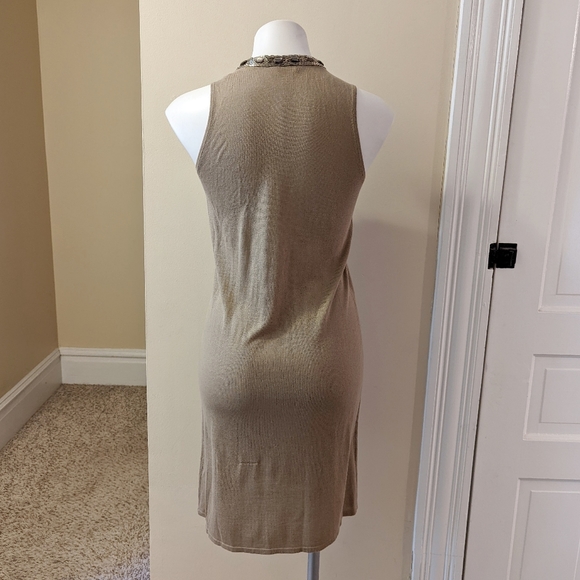 Magaschoni tan beaded neckline silk/cashmere blend tank sweater dress. - Picture 3 of 9